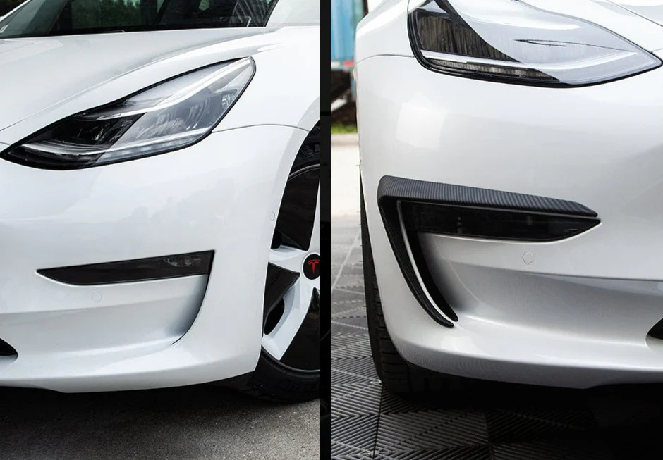 Tesla Model 3 Front Gloss Black / Carbon Fibre Look Canard Set (2017 Onwards) - Image 2