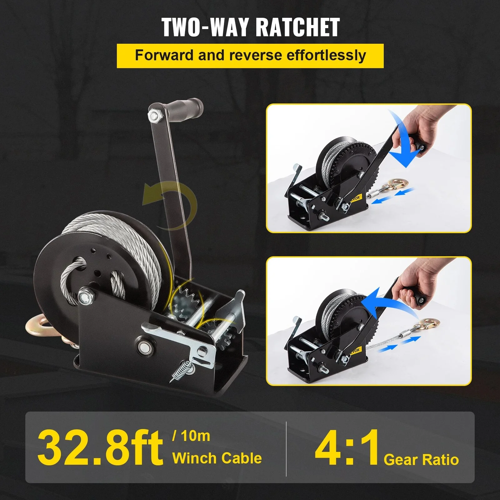 VEVOR Hand Winch 3500LBS Capacity Heavy Duty Brake Winch W/ 10m Steel Rope - Image 4